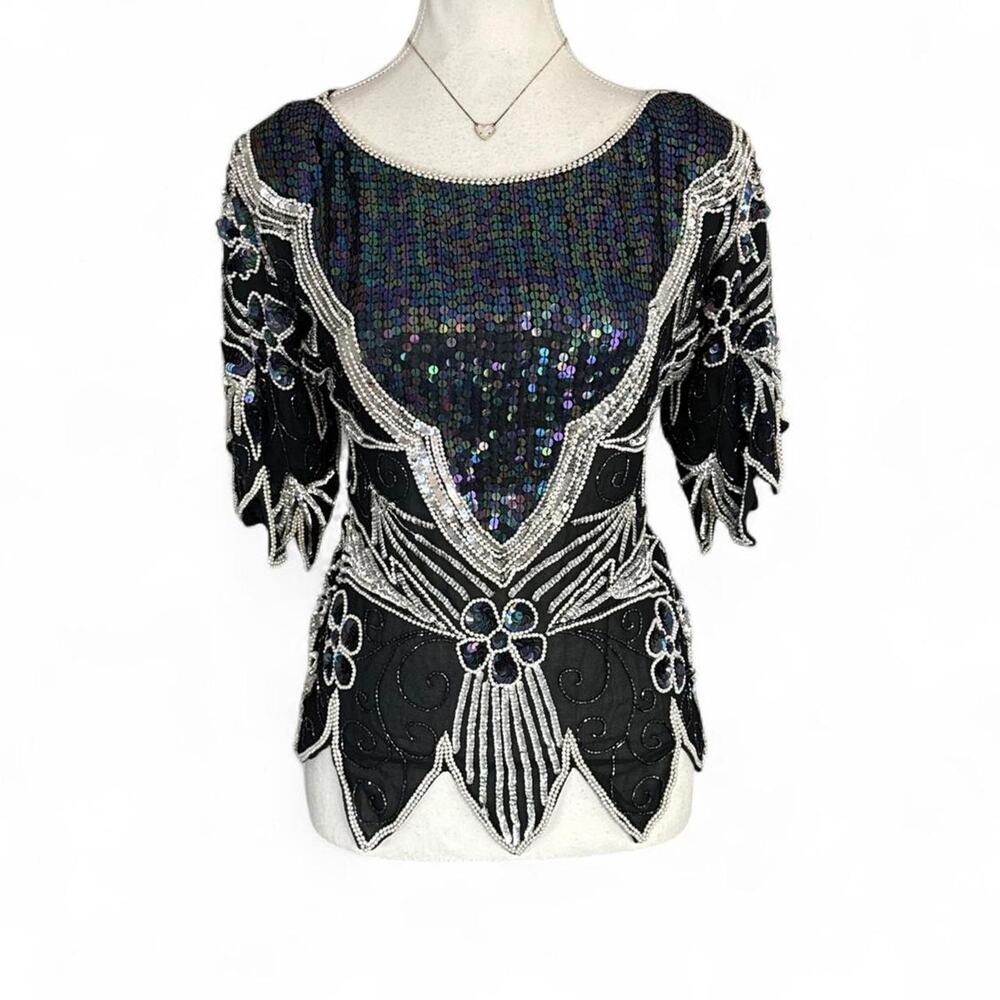 Y2K Beaded vintage pure silk Black sequin blouse silver beaded floral size M